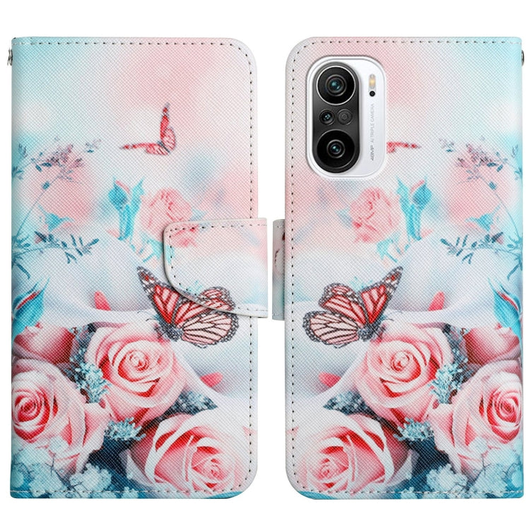 Flip leather phone case with red roses and butterflies pattern on light blue