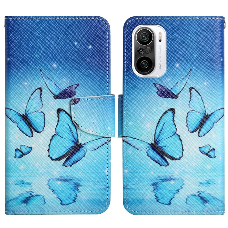Flip leather phone case with blue butterflies and reflection pattern
