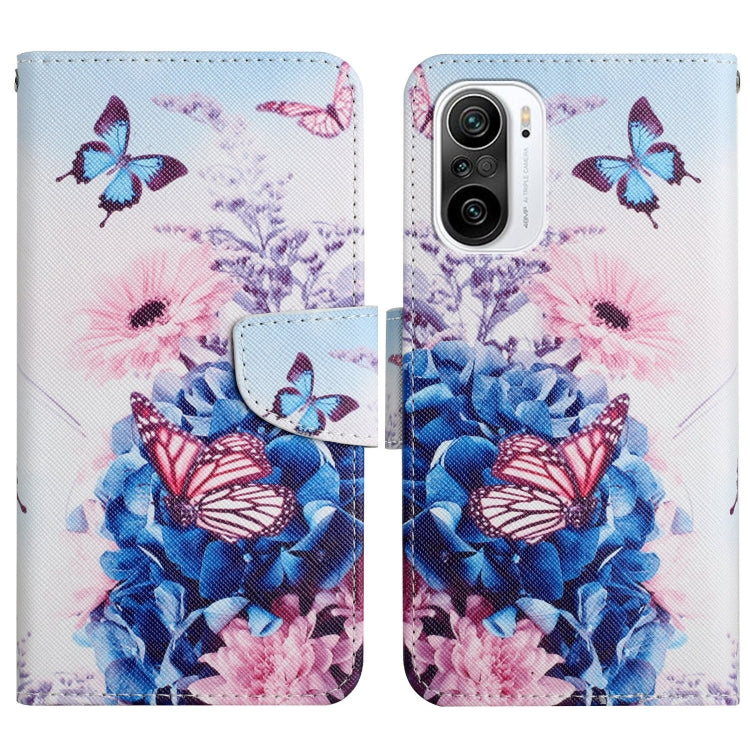 Flip leather phone case with pink and blue floral bouquet and butterfly pattern