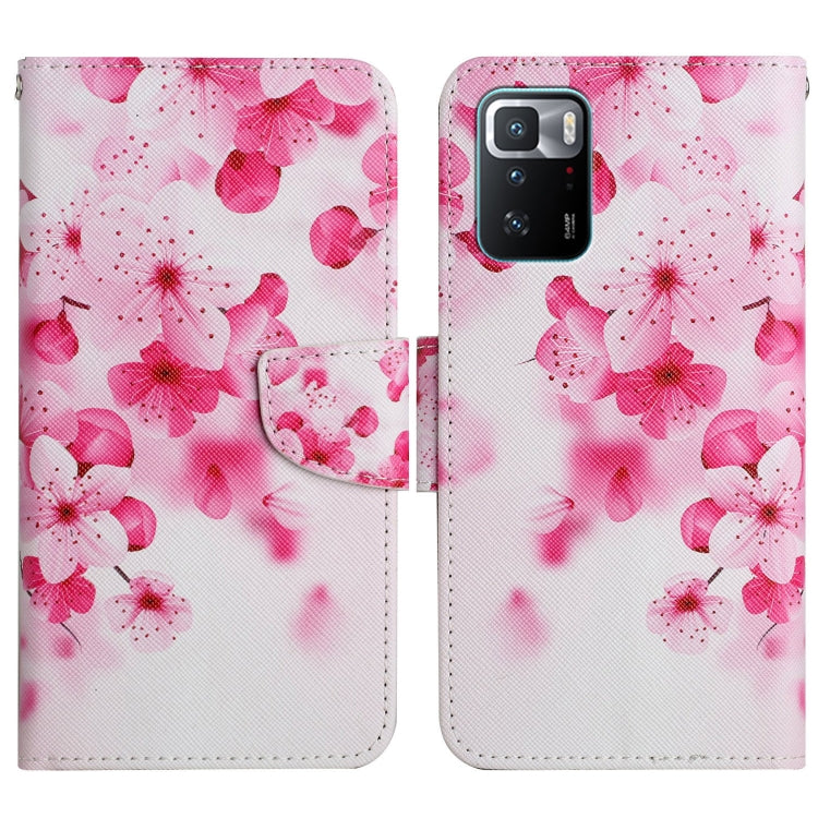 Painted pattern flip leather phone case with pink cherry blossoms and magnetic flap