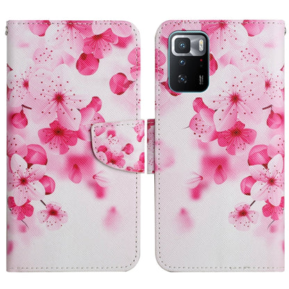 Painted pattern flip leather phone case with pink cherry blossoms and magnetic flap