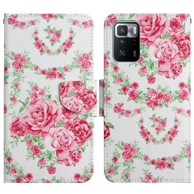 Painted pattern flip leather phone case with pink rose bouquet print and magnetic flap