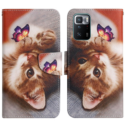 Painted pattern flip leather phone case with cat portrait and butterfly accents, magnetic flap