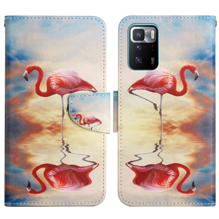 Painted pattern flip leather phone case with red flamingo illustration and magnetic flap