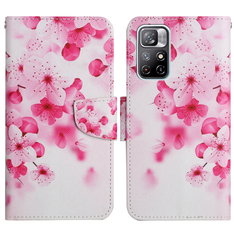 Flip leather phone case with pink flower painted pattern, dual card slot cover