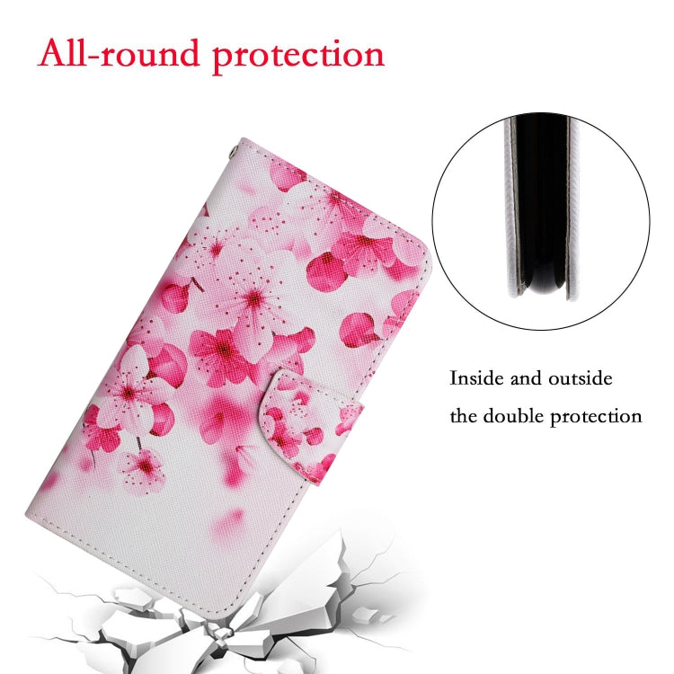 Flip leather phone case with pink floral painted pattern, side stitching detail