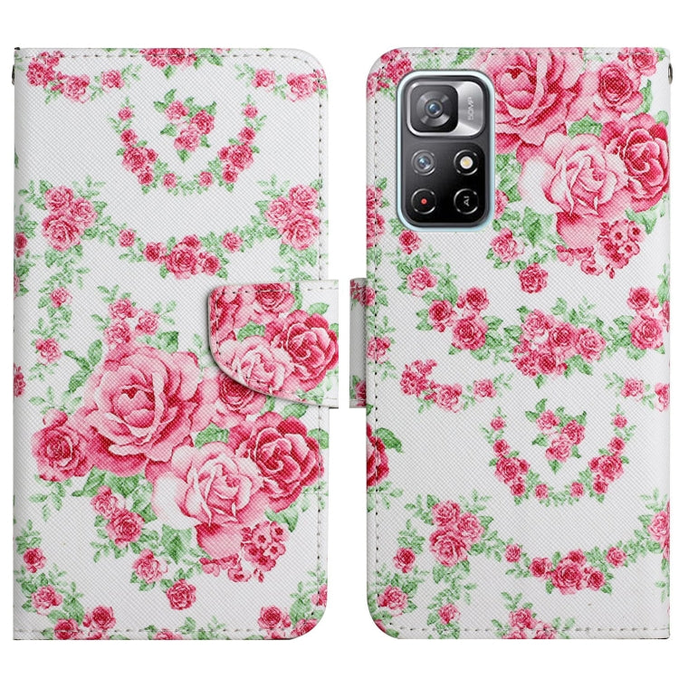 Flip leather phone case with rose and pink floral painted pattern, camera cutout