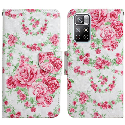 Flip leather phone case with rose and pink floral painted pattern, camera cutout