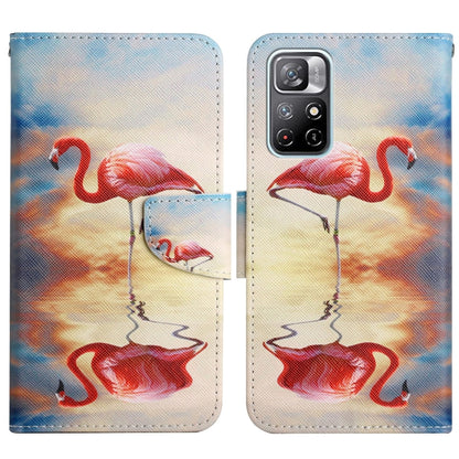 Flip leather phone case with red flamingo painted pattern, camera cutout