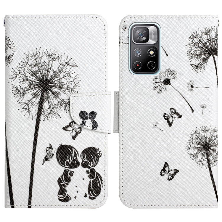 White flip leather phone case with dandelion line art, butterflies, and cat illustration