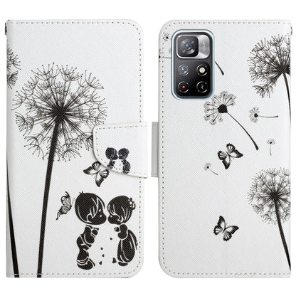 White flip leather phone case with dandelion line art, butterflies, and cat illustration