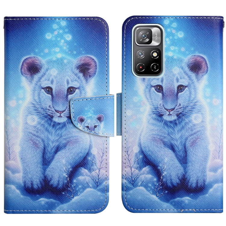 Blue flip leather phone case with cartoon lion/cat portrait and paw print accents