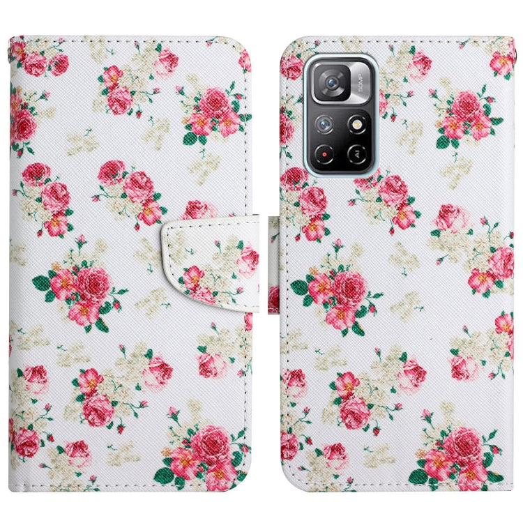 White flip leather phone case with pink rose floral pattern and small butterfly details