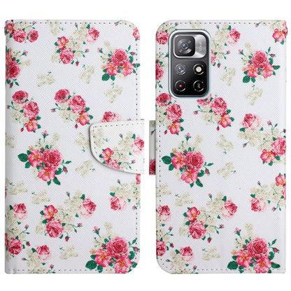 White flip leather phone case with pink rose floral pattern and small butterfly details