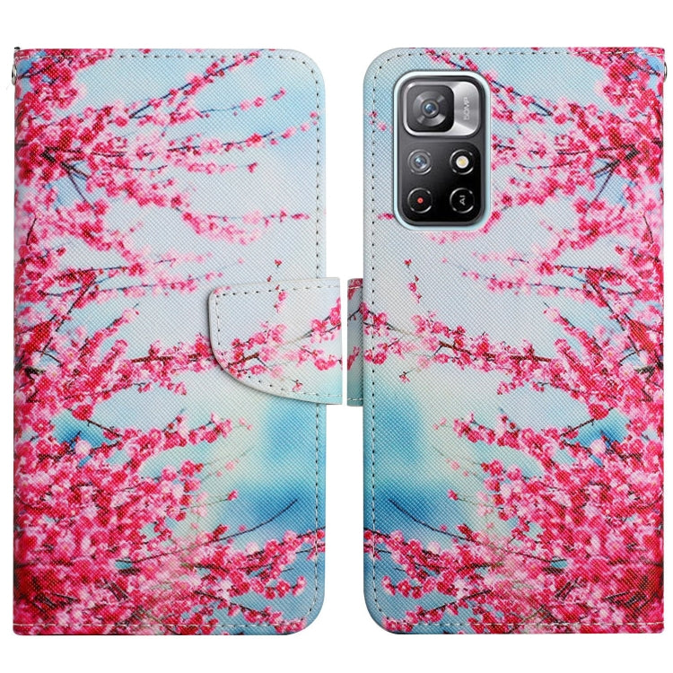 Pink and blue flip leather phone case with cherry blossom branches pattern