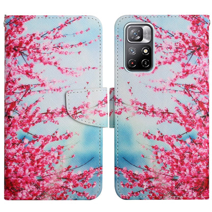 Pink and blue flip leather phone case with cherry blossom branches pattern