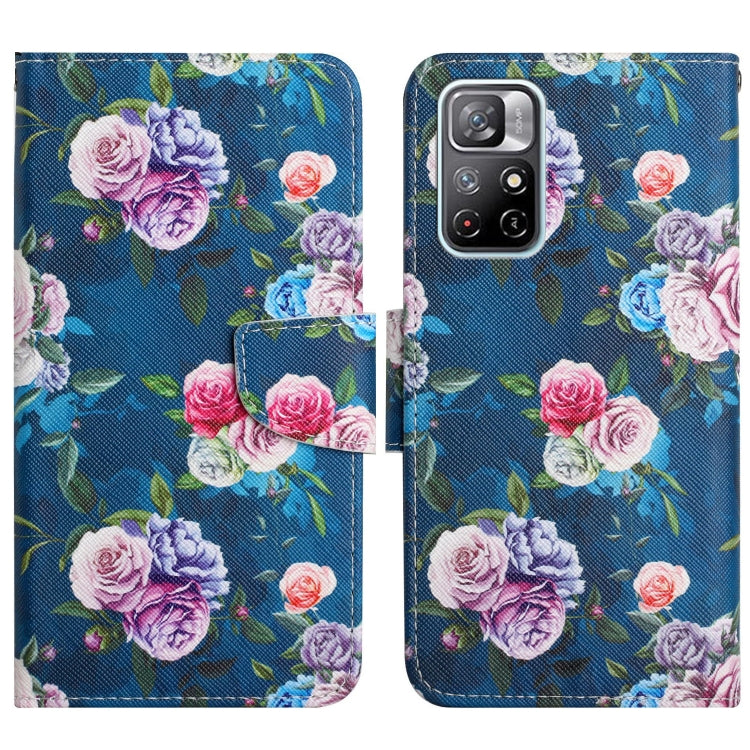 Blue flip leather phone case with rose bouquet floral pattern and green leaves