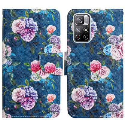Blue flip leather phone case with rose bouquet floral pattern and green leaves