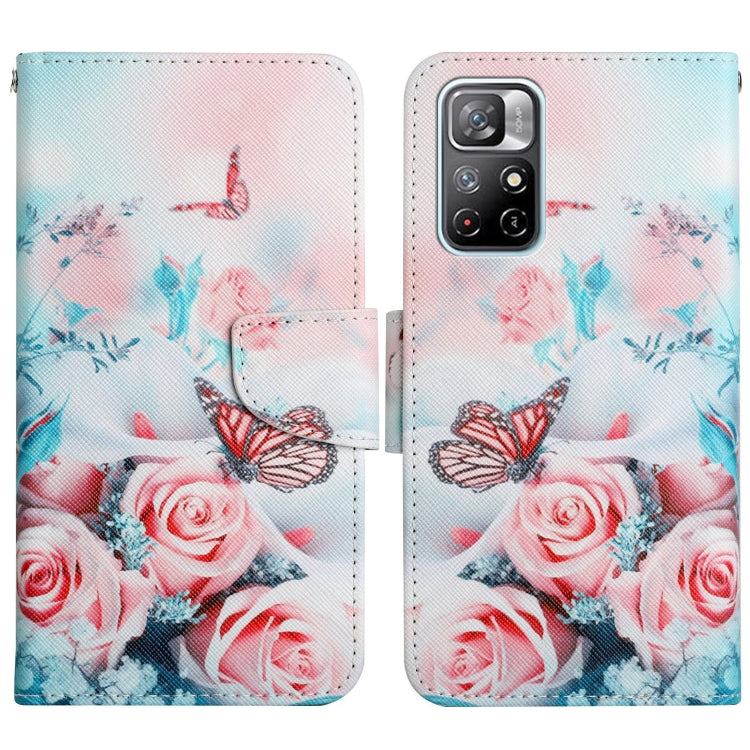Light-colored flip leather phone case with red roses and butterflies