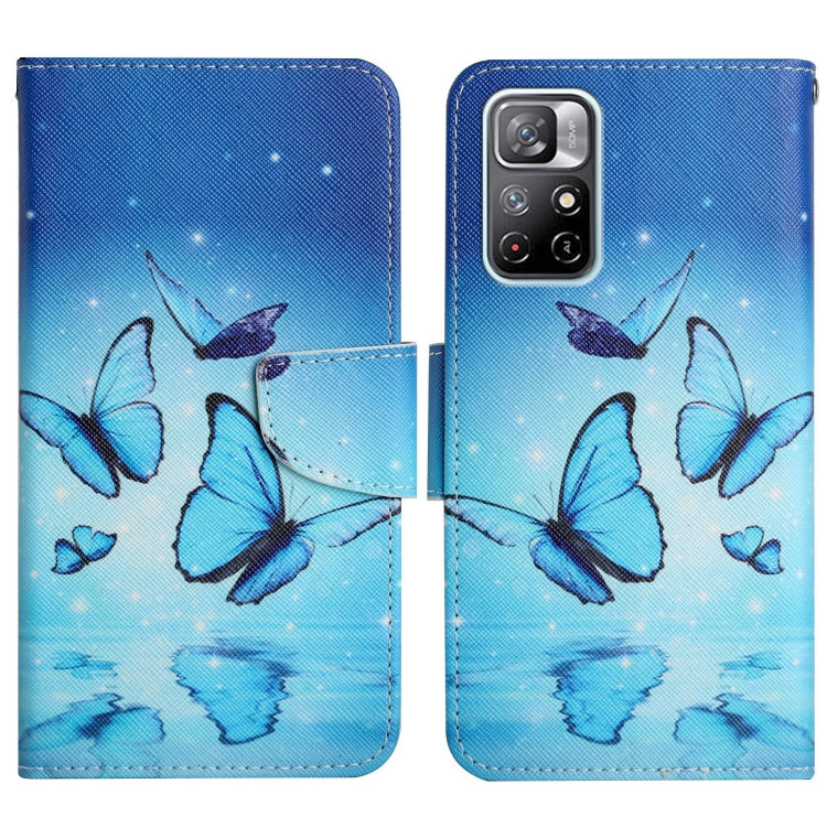 Blue flip leather phone case with butterflies and soft sky reflection pattern