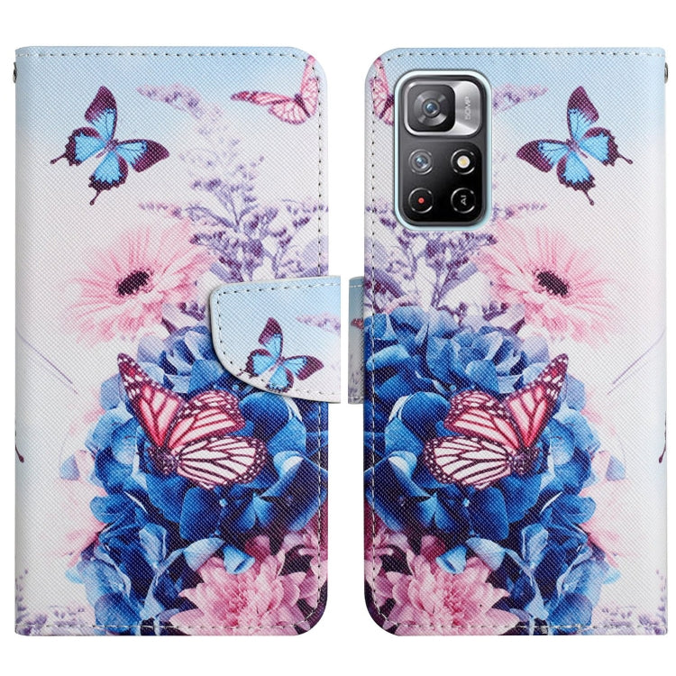 White flip leather phone case with purple and pink butterflies over floral artwork