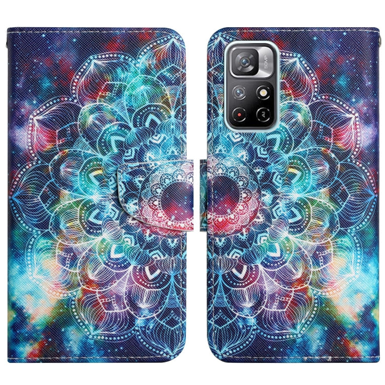 Flip leather phone case with colorful mandala-style galaxy design and magnetic strap