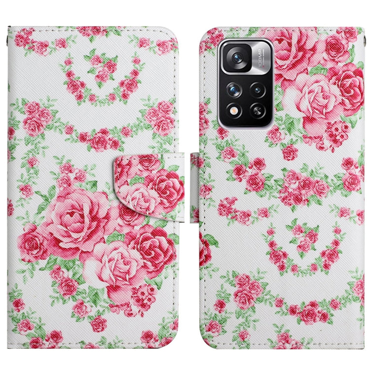 Flip leather phone case with pink rose bouquet floral pattern and magnetic closure