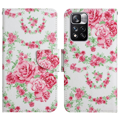 Flip leather phone case with pink rose bouquet floral pattern and magnetic closure