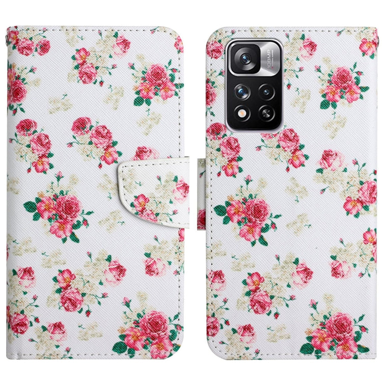 Flip leather phone case with white floral rose pattern and red/pink flowers