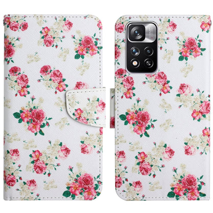 Flip leather phone case with white floral rose pattern and red/pink flowers