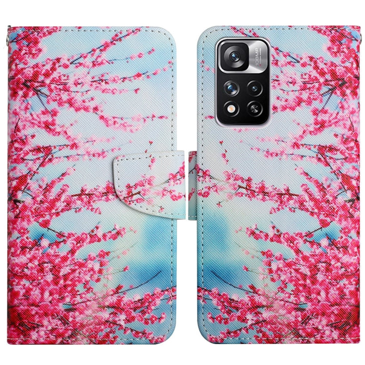 Flip leather phone case with pink cherry blossom branches and light blue background