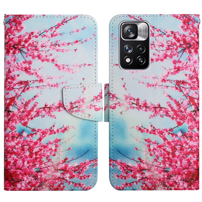 Flip leather phone case with pink cherry blossom branches and light blue background