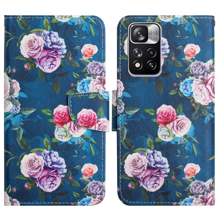 Flip leather phone case with blue background and purple/pink rose flower pattern