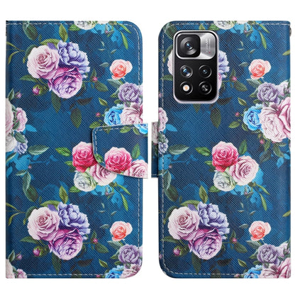 Flip leather phone case with blue background and purple/pink rose flower pattern