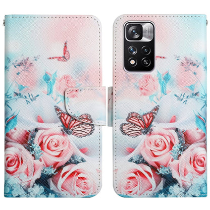Flip leather phone case with red roses and butterfly motifs on light blue