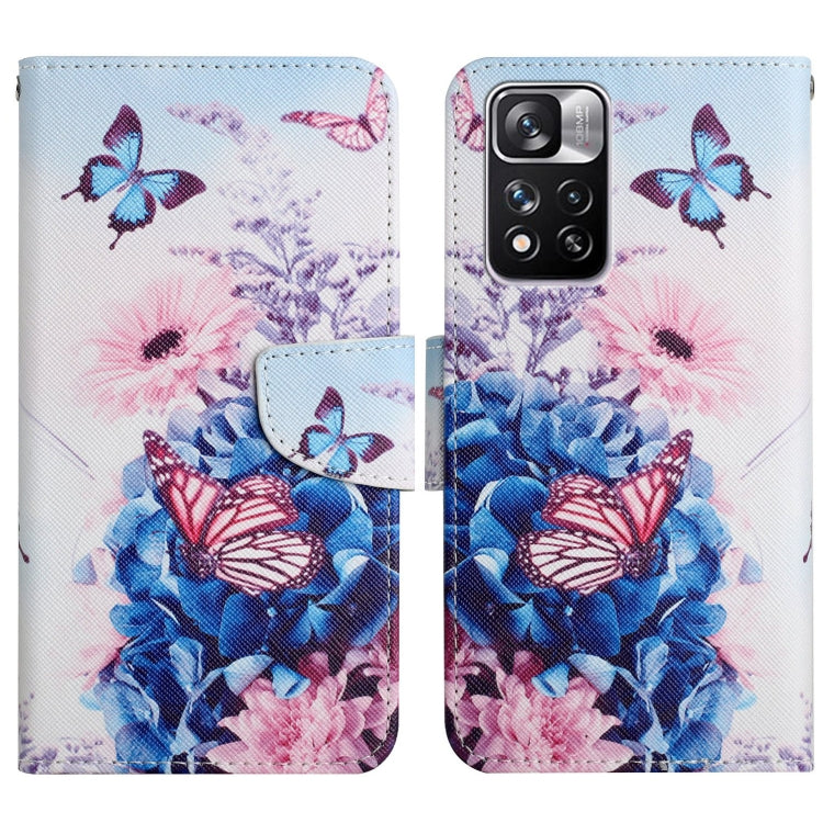 Flip leather phone case with blue and pink flowers and butterfly illustrations