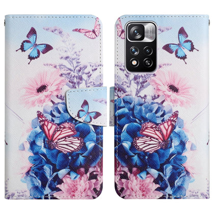 Flip leather phone case with blue and pink flowers and butterfly illustrations