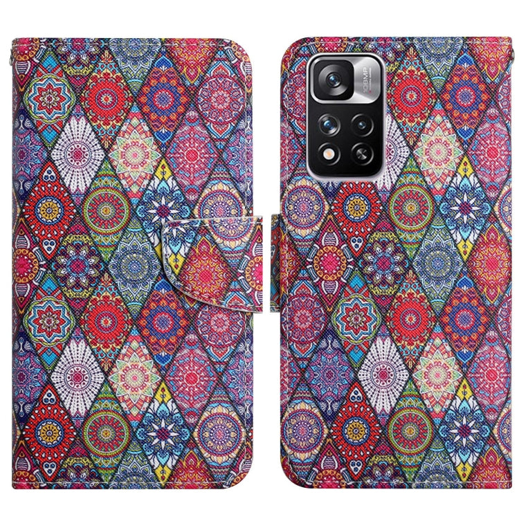 Flip leather phone case with colorful patchwork circle and geometric pattern