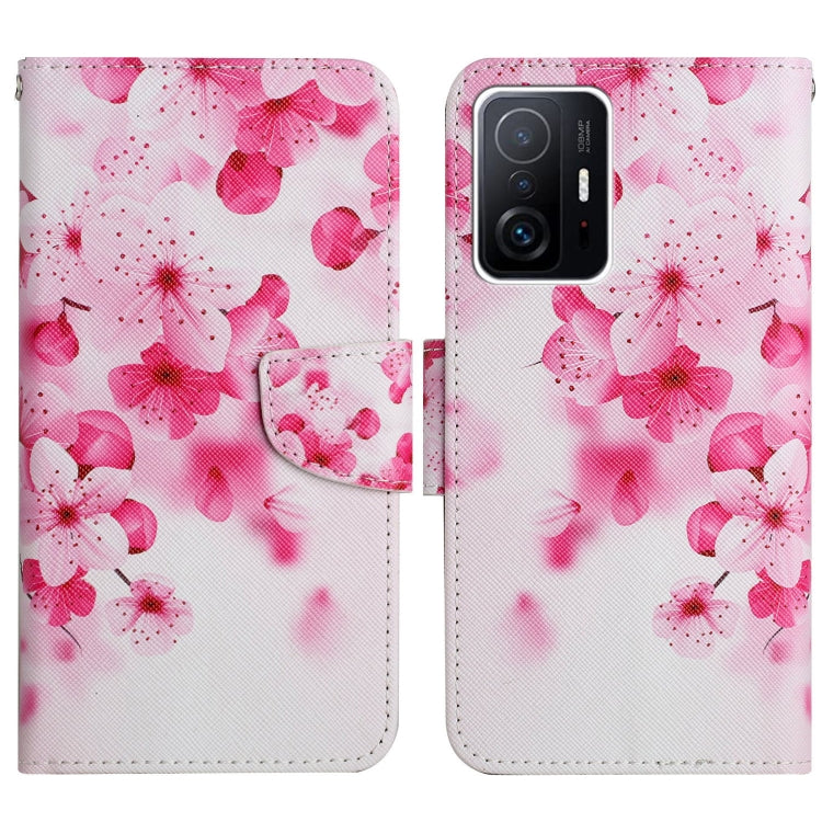 Flip leather phone case with pink floral painted pattern and side card holder flap