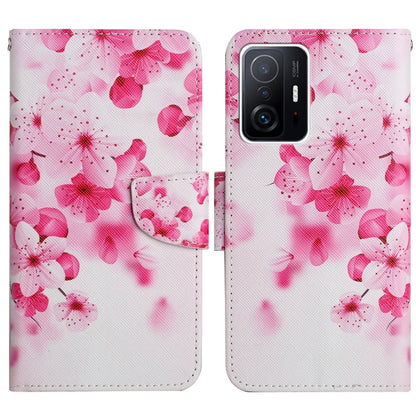 Flip leather phone case with pink floral painted pattern and side card holder flap