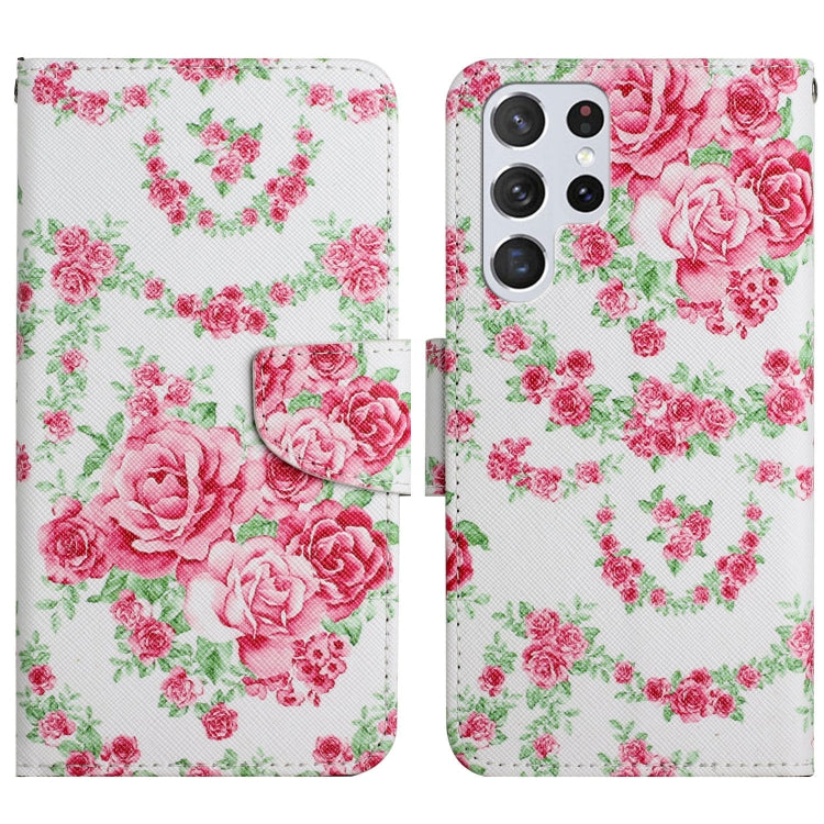 Flip leather phone case with pink rose and green vine painted pattern, front card holder