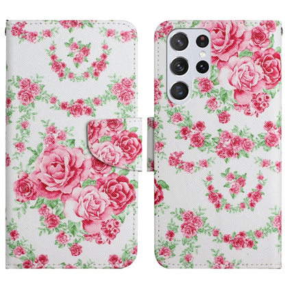 Flip leather phone case with pink rose and green vine painted pattern, front card holder