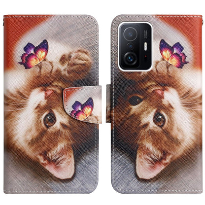 Flip leather phone case with painted lion face illustration and butterfly accents