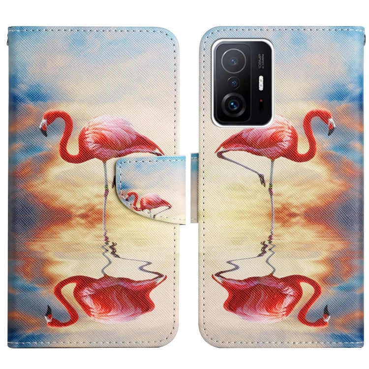 Flip leather phone case with flamingo illustration painted in red and blue