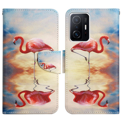 Flip leather phone case with flamingo illustration painted in red and blue