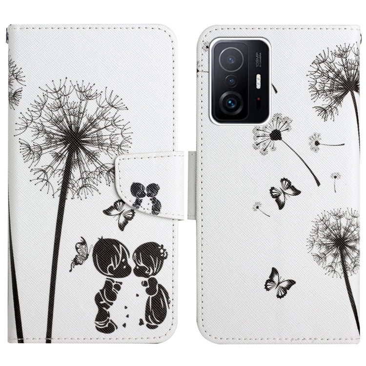 Flip leather phone case with black dandelion seed puff and small butterfly print