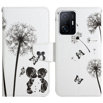 Flip leather phone case with black dandelion seed puff and small butterfly print