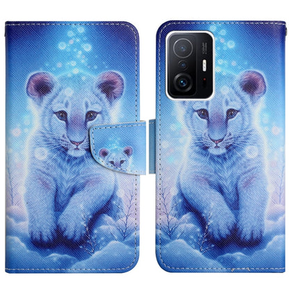 Flip leather phone case with blue lion portrait and paw print style butterfly motifs