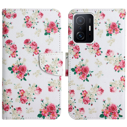 Flip leather phone case with red rose painted pattern and cream background