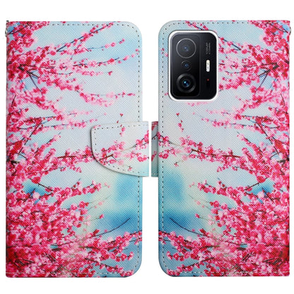 Flip leather phone case with red cherry blossoms painted pattern and light blue base